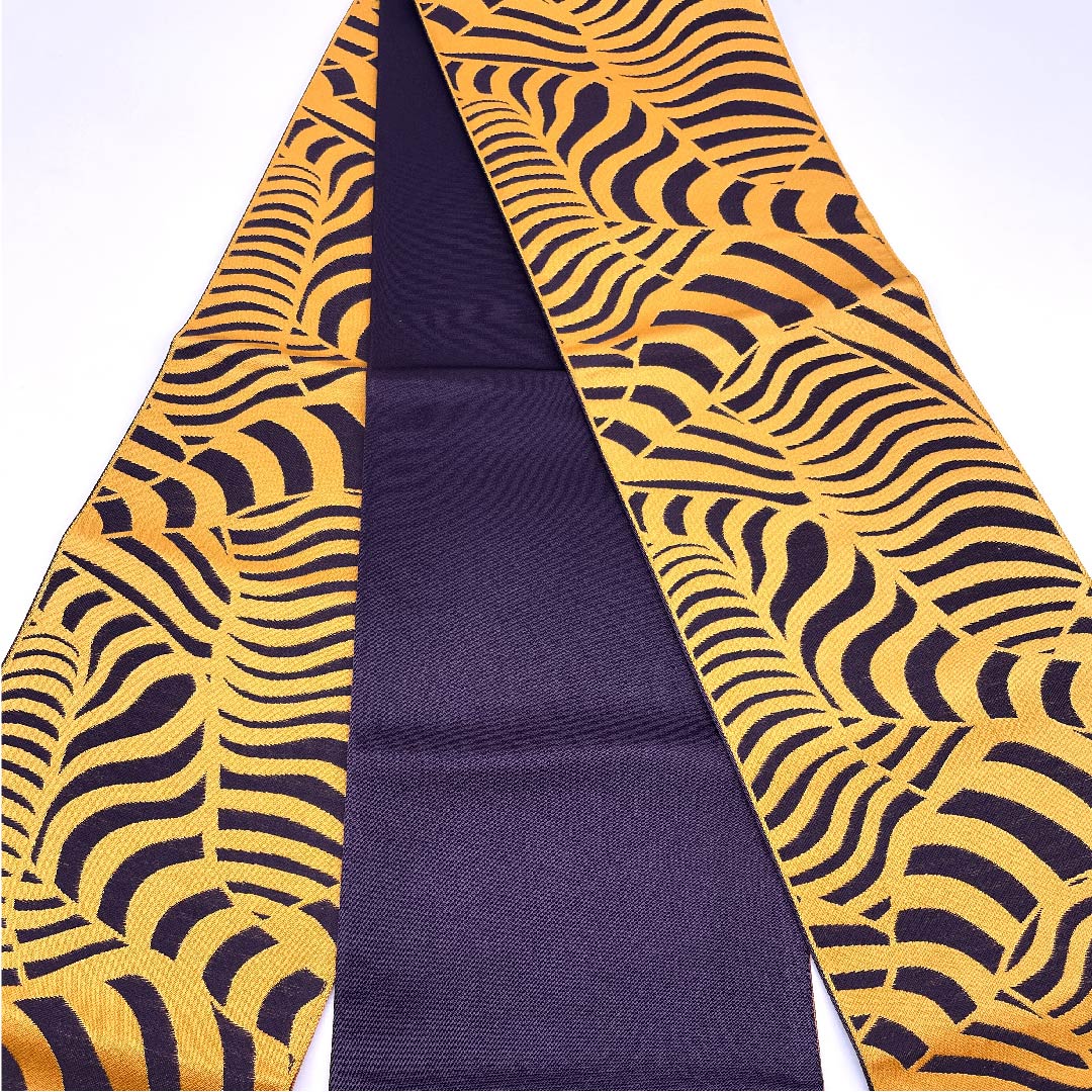 (未仕立)半幅帯 ポリエステル 橙色(だいだいいろ) 幾何学模様 縞 帯丈358cm 橙系 Sランク 1125001272326