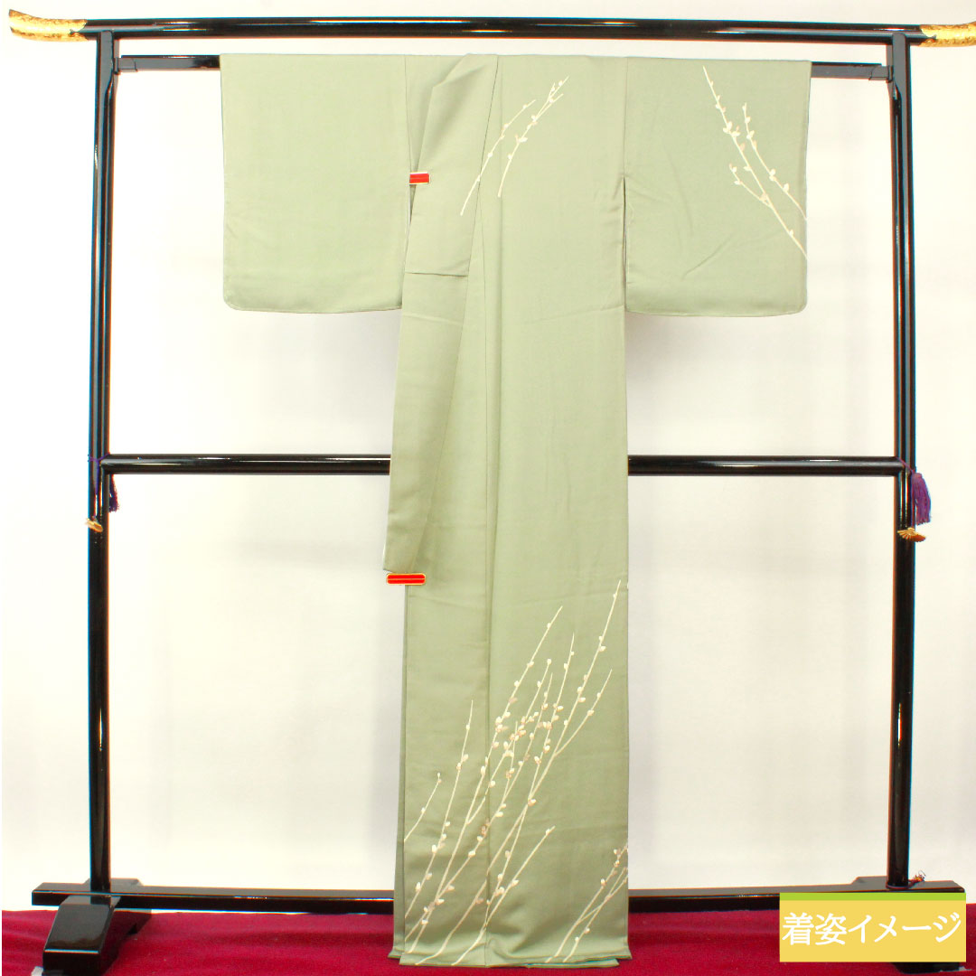 Homongi, pure silk, lined, length 168cm, sleeve length 66.5cm, leaf color on the reverse side, Kyoto Yuzen, bud pattern, with basting thread, unused, artist's work, S rank, green, 1112004152519