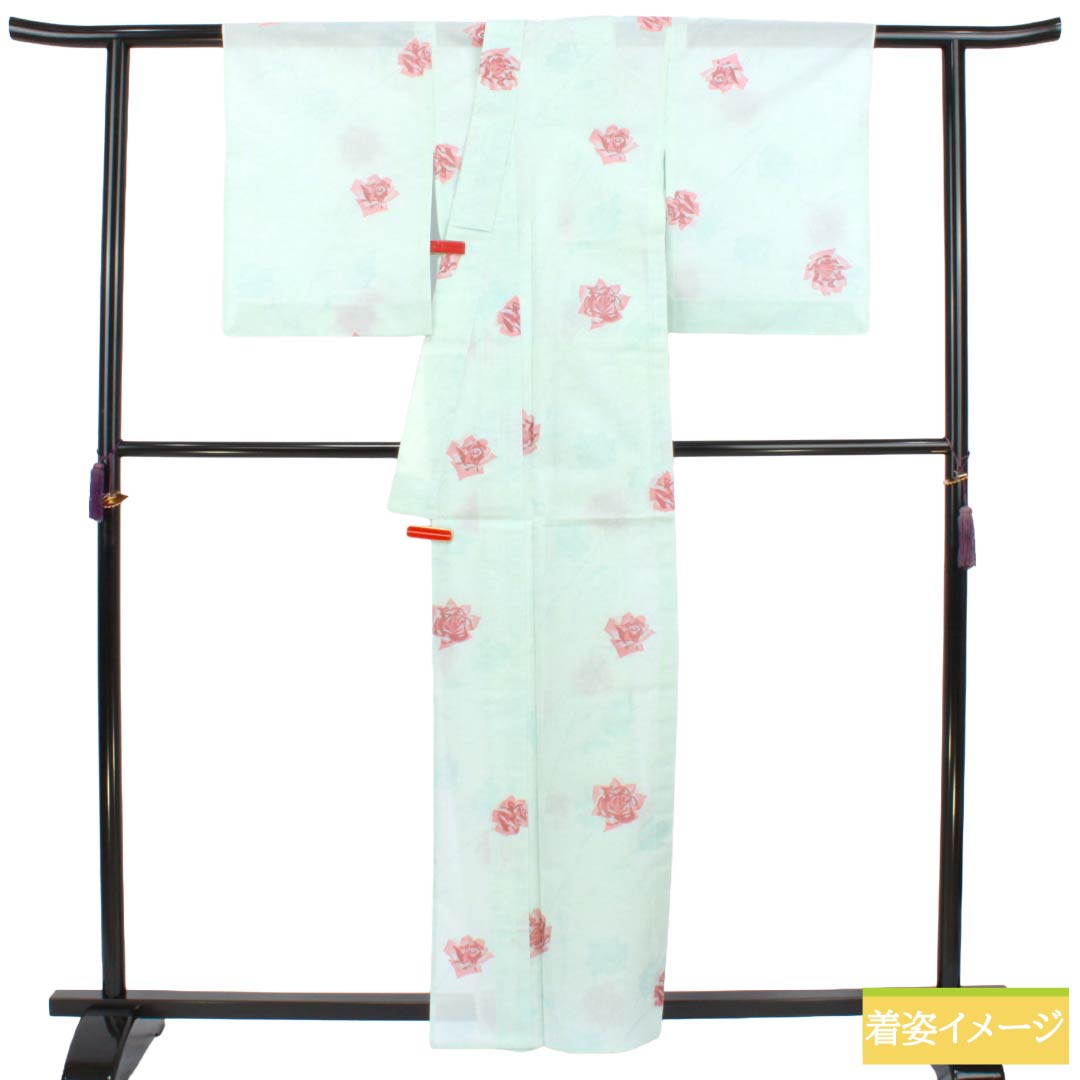 夏物 ポリエステル お召 Aランク 身丈159.5cm 裄丈64.5cm 青白磁色(せいはくじいろ) すくい織 薔薇 洗える着物 紗 水色系 1132004963324