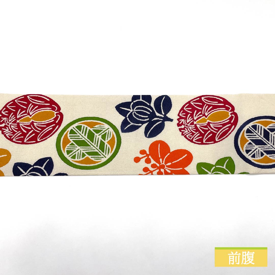 名古屋帯 胡粉色(ごふんいろ) 型染 ちりめん地 丸に紋 帯丈354cm 正絹 Aランク ポイント柄 カジュアル クリーム系 1124008163315 名古屋仕立て