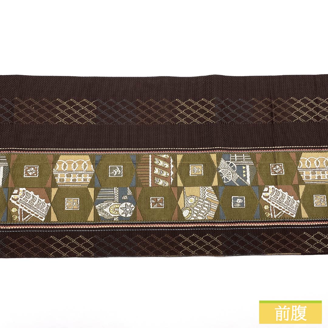 Nagoya Obi, Earthy Black, Geometric Pattern, 360cm Long, Pure Silk, S-Rank, Six-Ply, Casual, Brown, Item Number: 1124009002314, Pine Needle Pattern