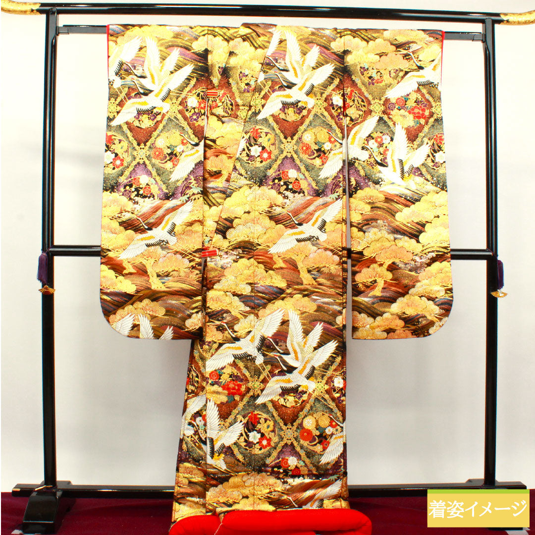 色打掛 正絹 身丈190cm 裄丈65cm 唐織 松 鶴 Sランク 袷 黒系 1110000722910