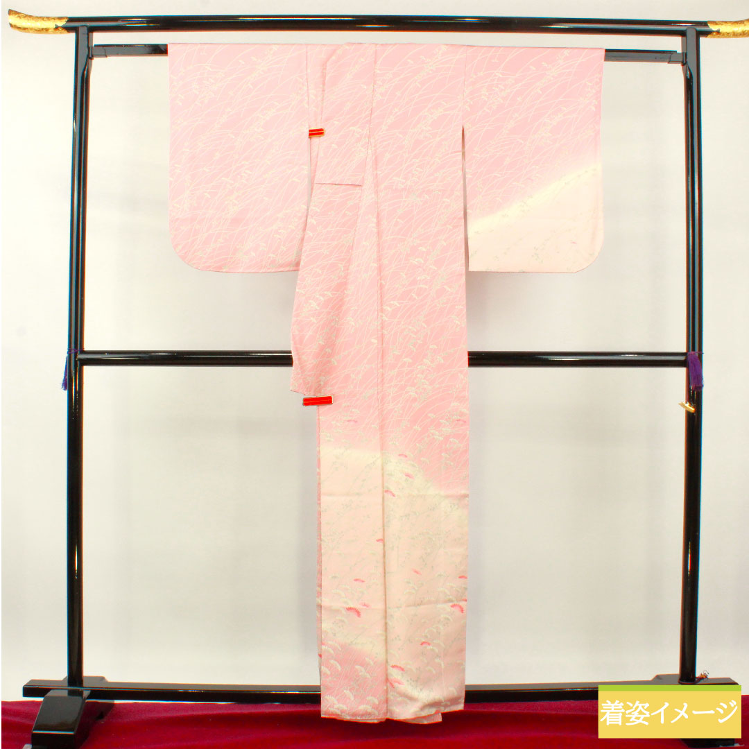 訪問着 正絹 袷 身丈159cm 裄丈64cm 一重梅色 草花模様 Aランク ピンク系 1112004133313