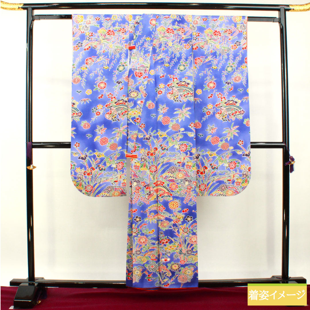 振袖 正絹 身丈156cm 裄丈62.5cm 袷 京紅型 吉祥文様 Aランク 紺系 1113001893318