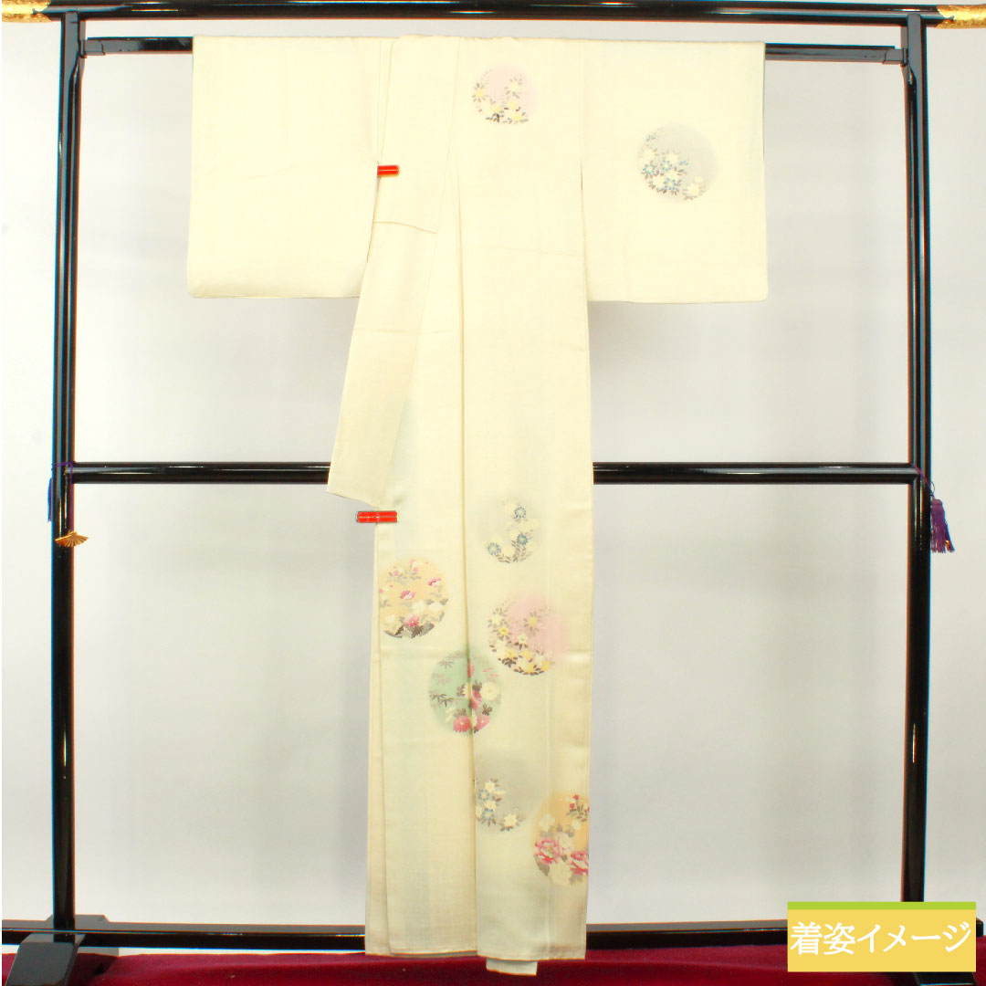 Homongi, pure silk, lined, length 158cm, sleeve length 62.5cm, Neriiro, Kyoto Yuzen, floral pattern, A rank, cream color, 1112004253315