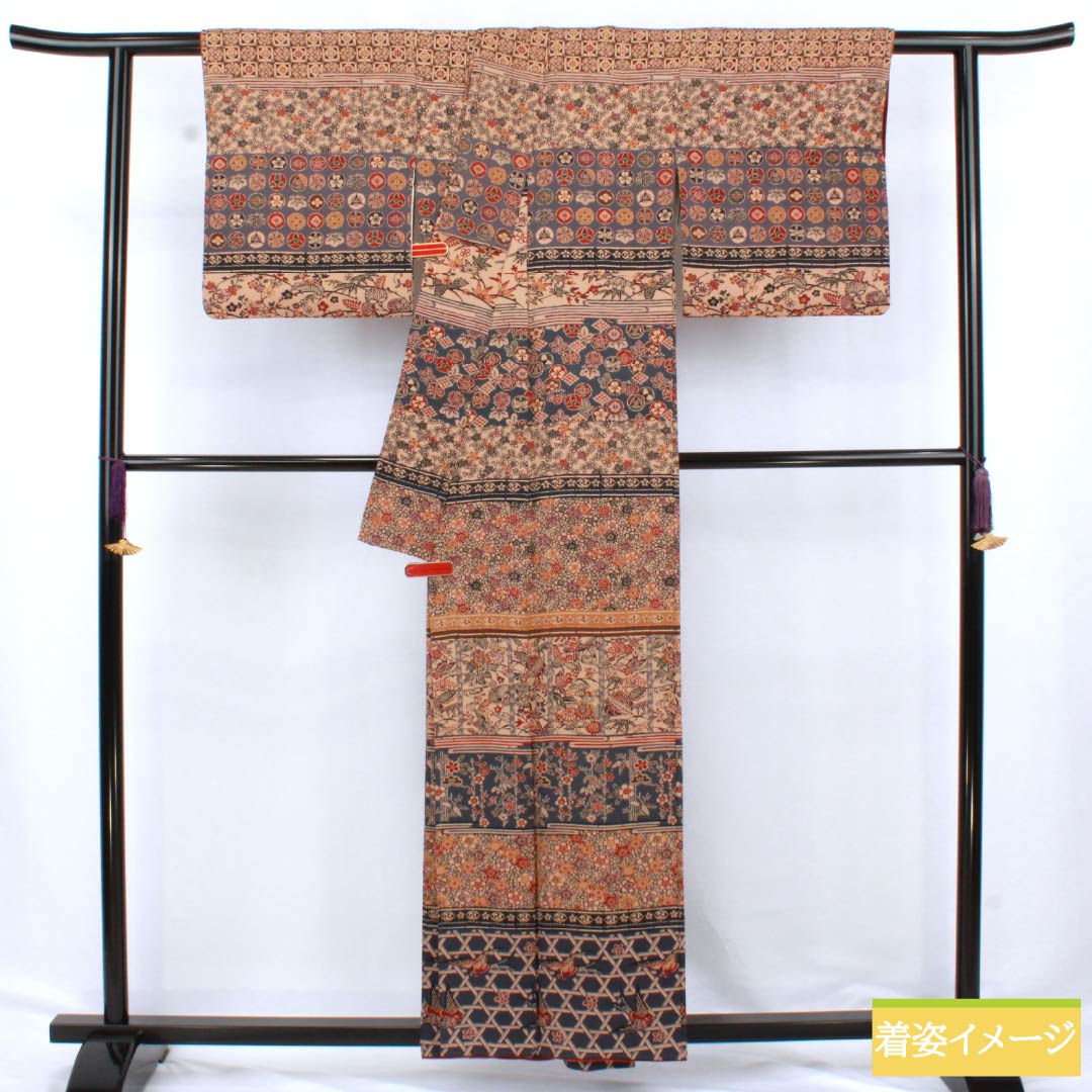 訪問着 正絹 Aランク 袷 身丈156.5cm 裄丈61.5cm 丁子茶色(ちょうじちゃいろ) 京紅型 吉祥文様 橙系 1112006253326