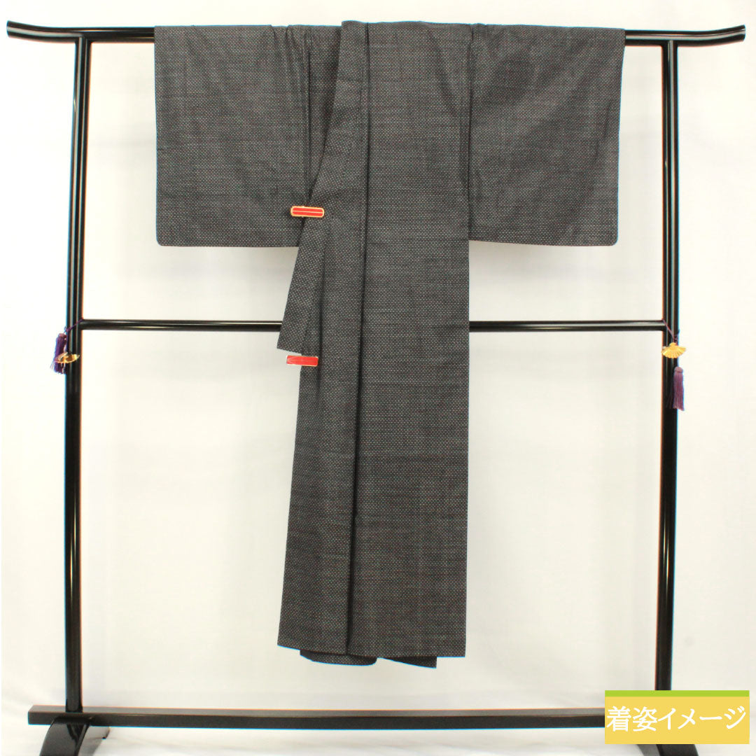 Men's silk S-rank kimono, length 140cm, sleeve length 66.5cm, Oshima Tsumugi silk with a double-colored horizontal kasuri pattern, lined, navy blue, product number 1119001852418