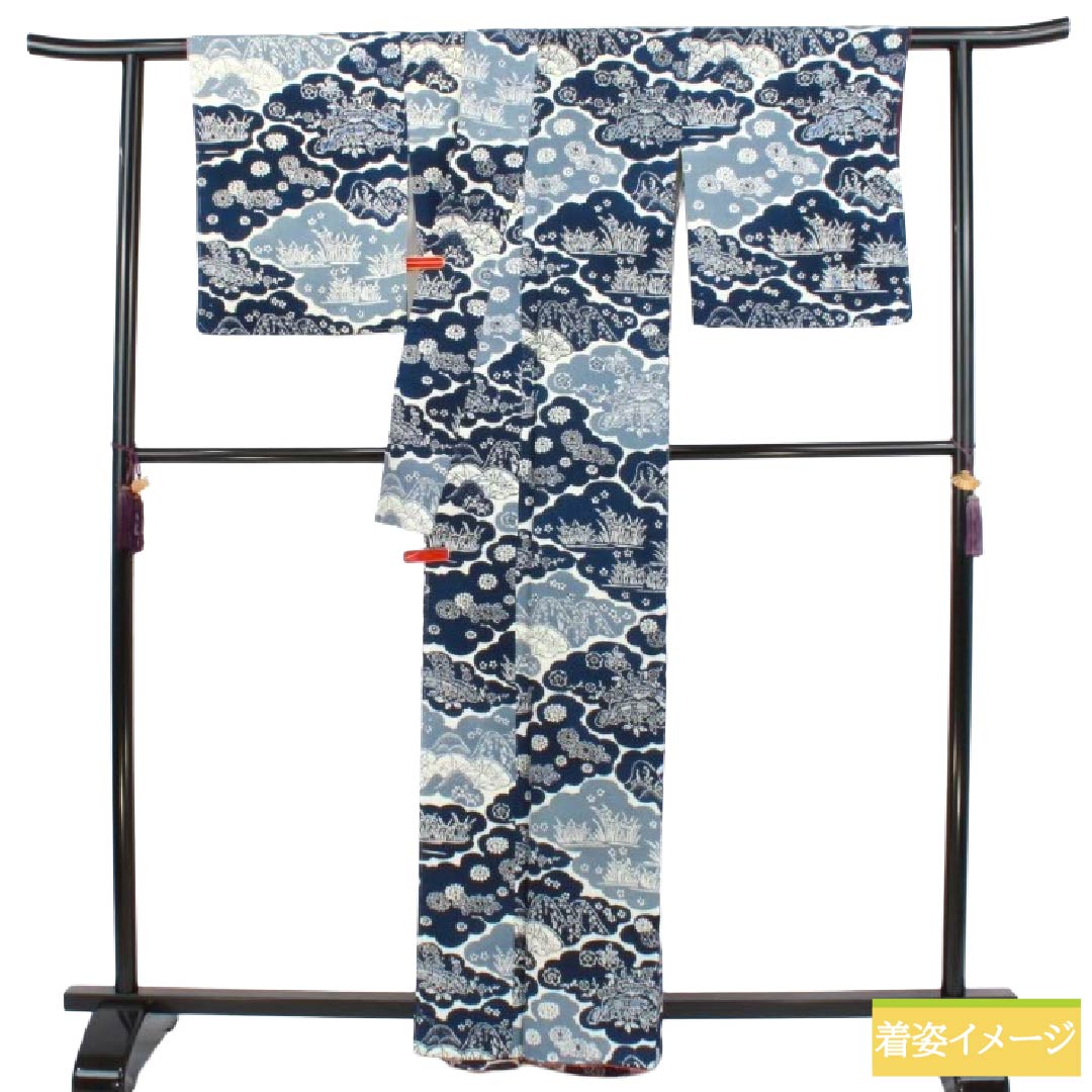 小紋 正絹 Sランク 身丈162cm 裄丈66cm 袷 濃紺色(のうこんいろ) 京紅型 雲取り しつけ糸付き 紺系 1115008352418