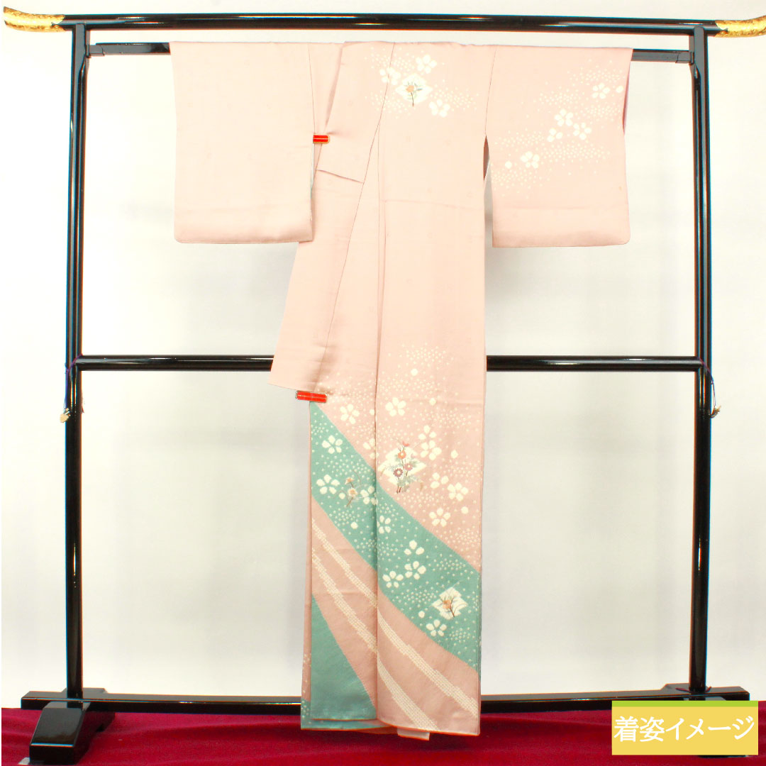 訪問着 正絹 袷 身丈159.5cm 裄丈65cm 退紅色 刺繡 部分絞り 花柄 Sランク ピンク系 1112003732313