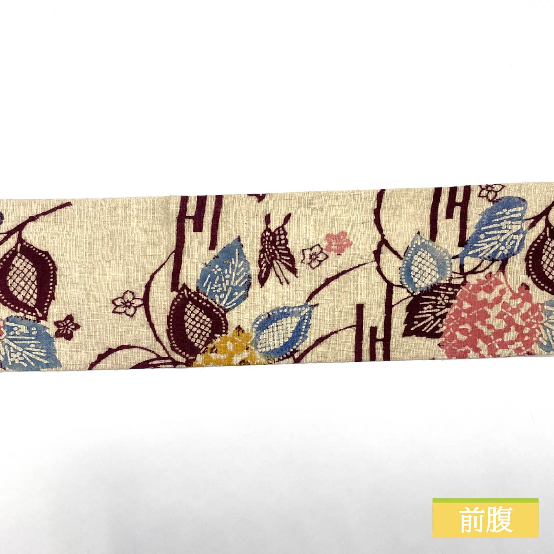 Nagoya Obi, Obana-iro (Obana color), stencil-dyed, pongee fabric, hydrangea, obi length 366cm, pure silk, S rank, full-length, casual, beige, 1124007772325, Nagoya-made