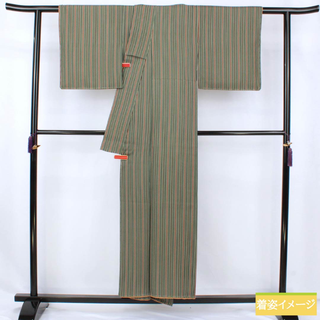 小紋 正絹 Sランク 身丈152cm 裄丈64.5cm 袷 利休鼠色(りきゅうねずみいろ) 縞 しつけ糸付き 緑系 1115007682219