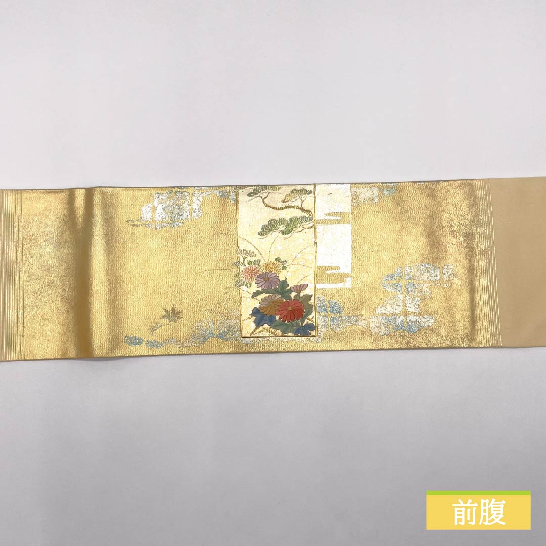 名古屋帯 刺繍 菊 桜 梅 帯丈360cm 正絹 Sランク ポイント柄 セミフォーマル 金系 1124008532321 名古屋仕立て