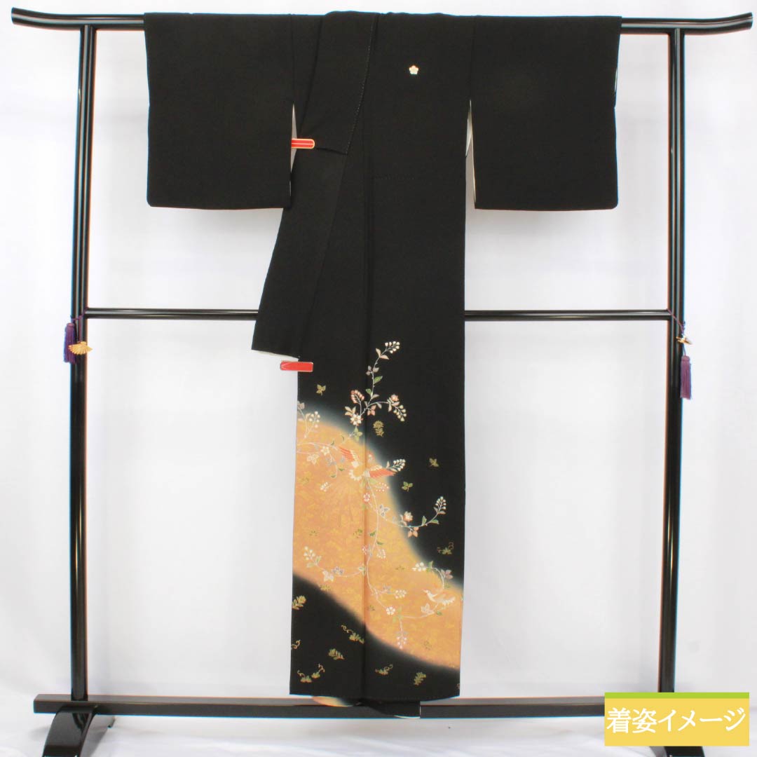 黒留袖 正絹 Sランク 身丈150.5cm 裄丈63cm 袷 京友禅 五つ紋 桔梗 鳳凰 草花 五つ紋 黒系 1111002112110