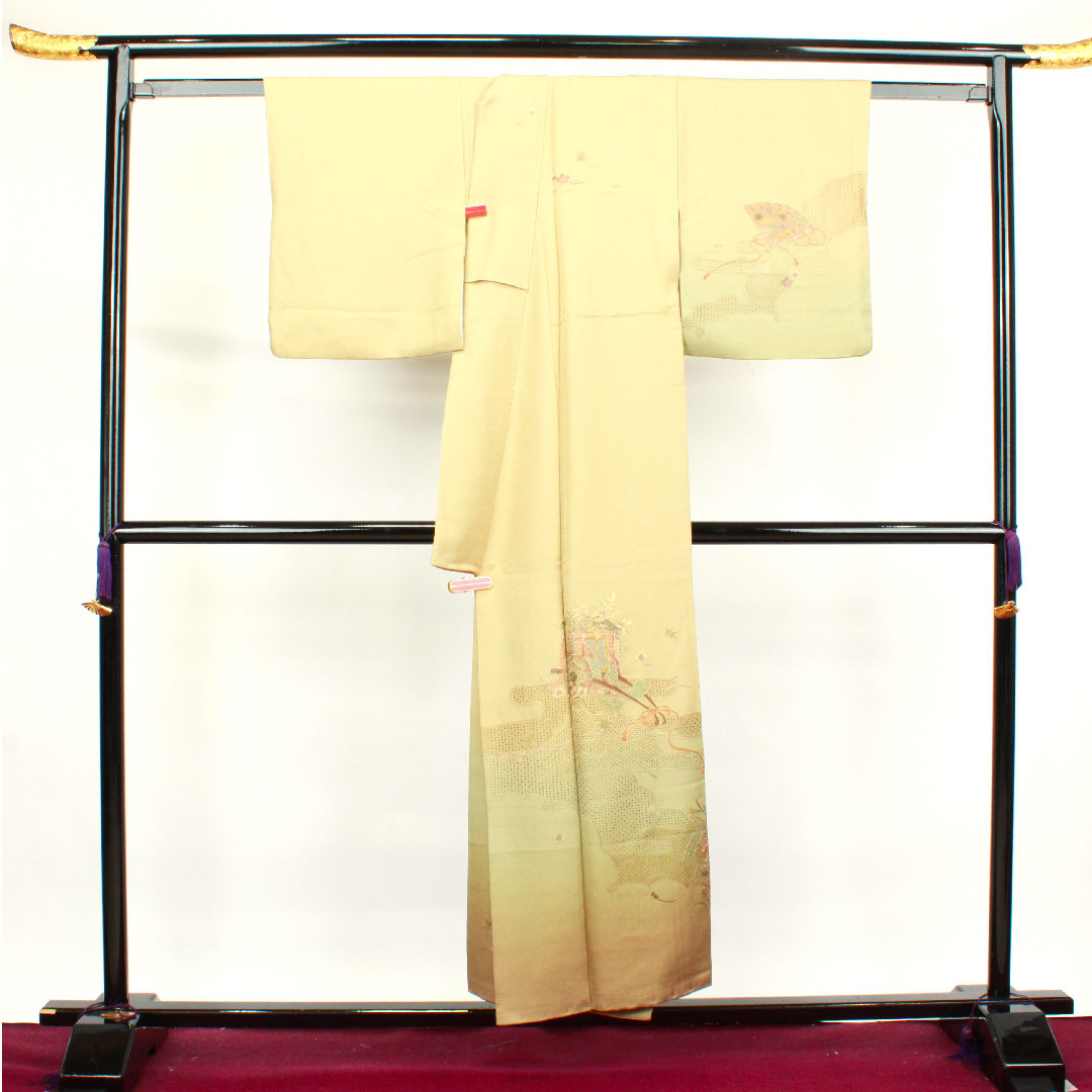 訪問着 袷 身丈152cm 裄丈63cm 枯野色 汕頭刺繡 蘇州刺繡 御所車 正絹 Sランク ベージュ系 1112002752225
