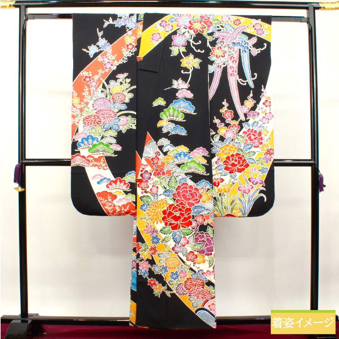 振袖 正絹 身丈157cm 裄丈63cm 袷 京紅型 草花模様 Sランク 黒系 1113001862310