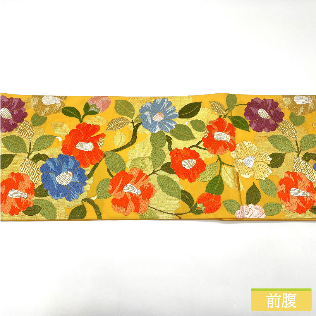 袋帯 正絹 Sランク 黄支子色(きくちなしいろ) 西陣織 唐織 椿 帯丈424cm 六通 フォーマル 黄系 1123017062323