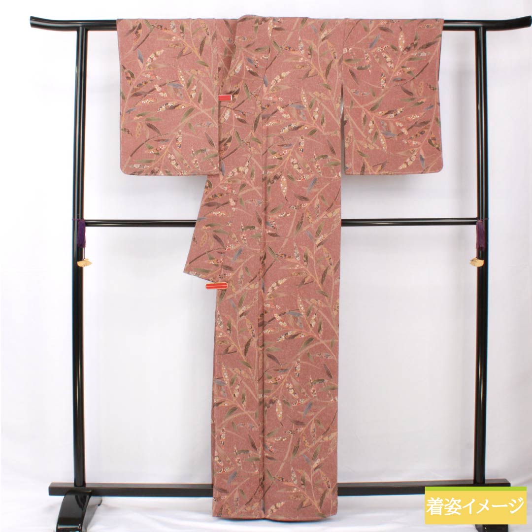 小紋 正絹 身丈162.5cm 裄丈64cm 袷 栗梅色(くりうめいろ) 型染 枝 更紗 しつけ糸付き Sランク 茶系 1115005622414