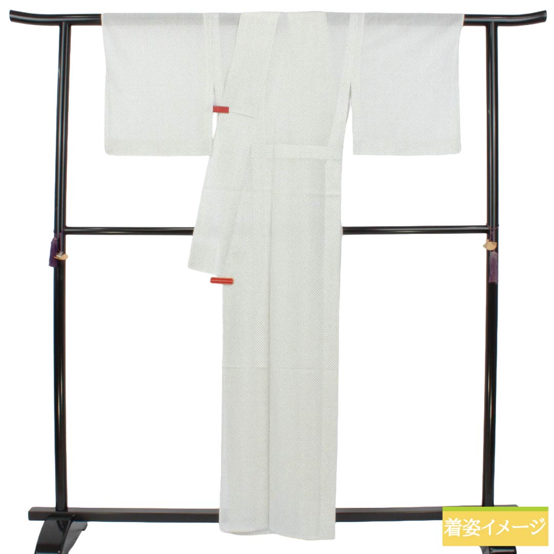 夏物 ポリエステル 小紋 Sランク 身丈160cm 裄丈65cm 洗える着物 蚊絣風 紗 白系 1132005622411