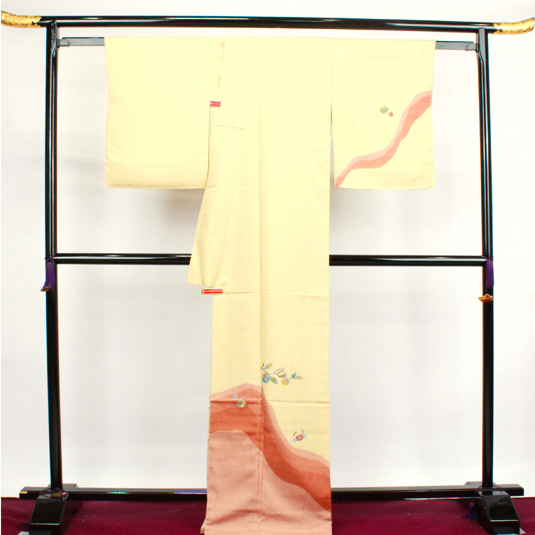 Homongi, lined, length 169cm, sleeve length 69cm, light egg color, Monkey and Crab Battle, pongee fabric, pure silk, S rank, cream color, 1112002612515