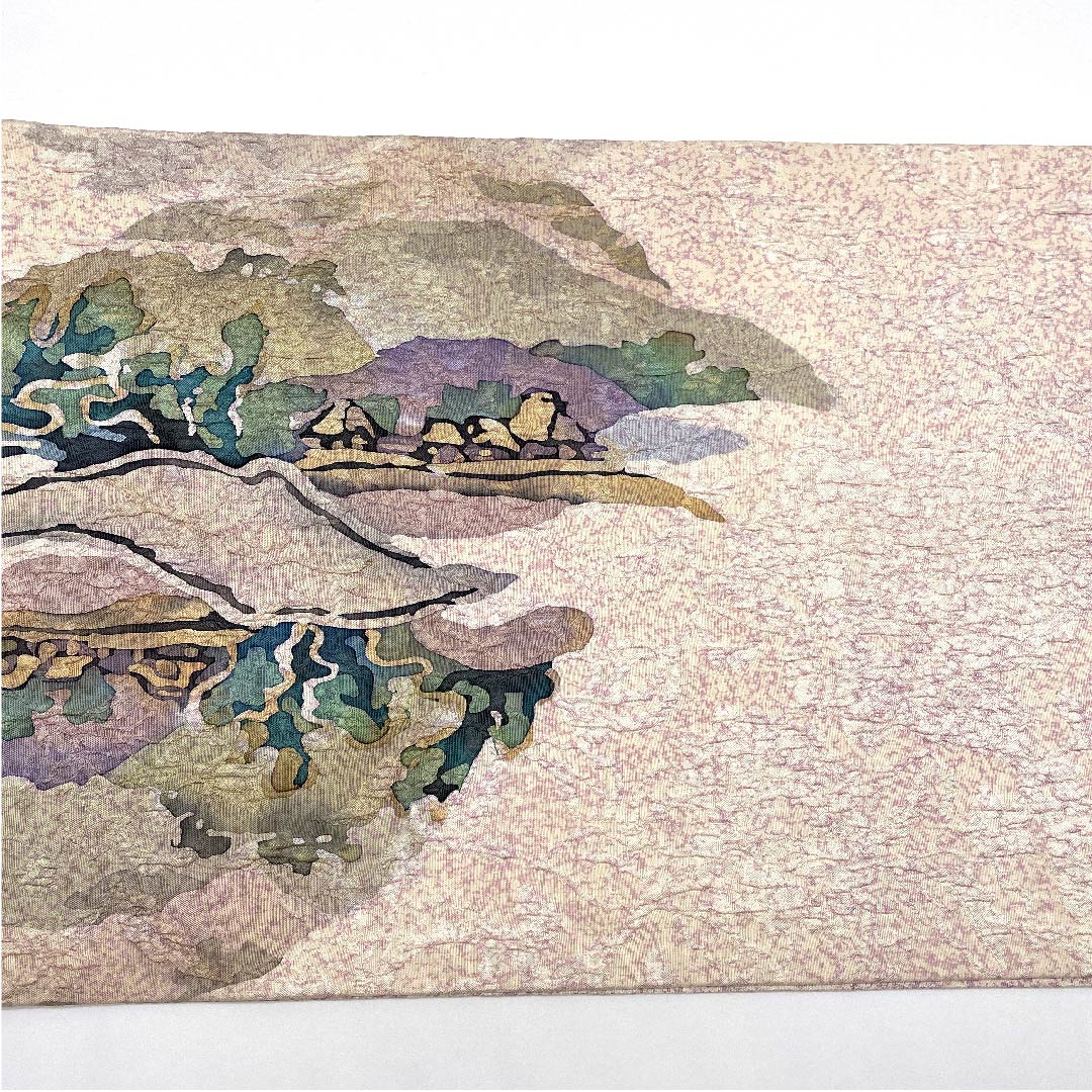 袋帯 薄桜色(うすざくらいろ) 風景画 染め帯 帯丈440.5cm 正絹 Bランク 六通 カジュアル ピンク系 1123005554313