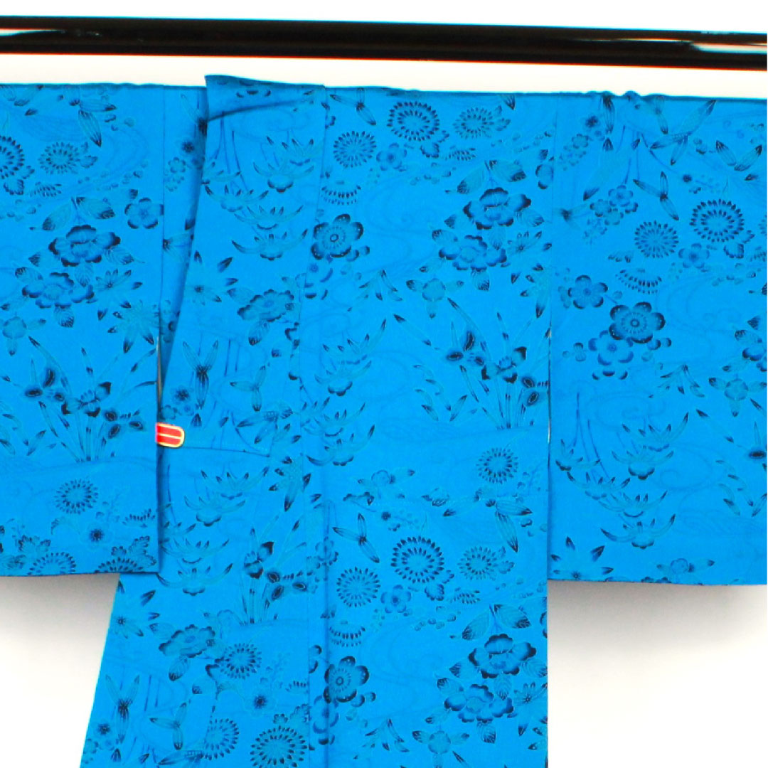 小紋 身丈155cm 裄丈64.5cm 袷 紺碧色 京紅型 草花模様 正絹 Sランク 青系 1115002182317