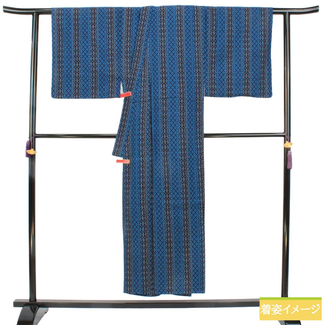 メンズ浴衣 木綿 Sランク 身丈149.5cm 裄丈71cm 空色(そらいろ) 幾何学模様 単衣 青系 1138001202417