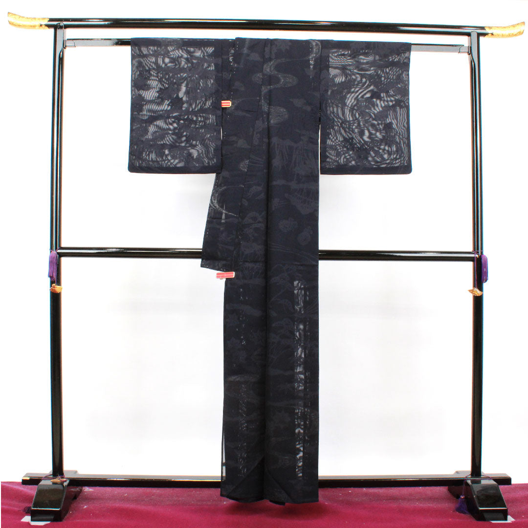 Summer item, pure silk, plain color, length 160cm, sleeve length 61.5cm, purple-black color, floral pattern, gauze, A rank, purple 1132001033420