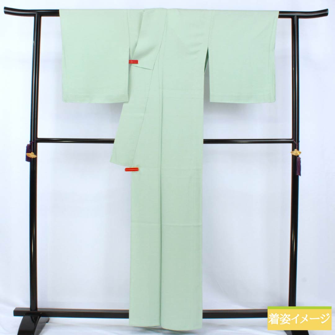 色無地 正絹 Sランク 身丈160.5cm 裄丈65.5cm 秘色(ひそく) 一つ紋 剣片喰 縫い紋 単衣 緑系 1114002352419