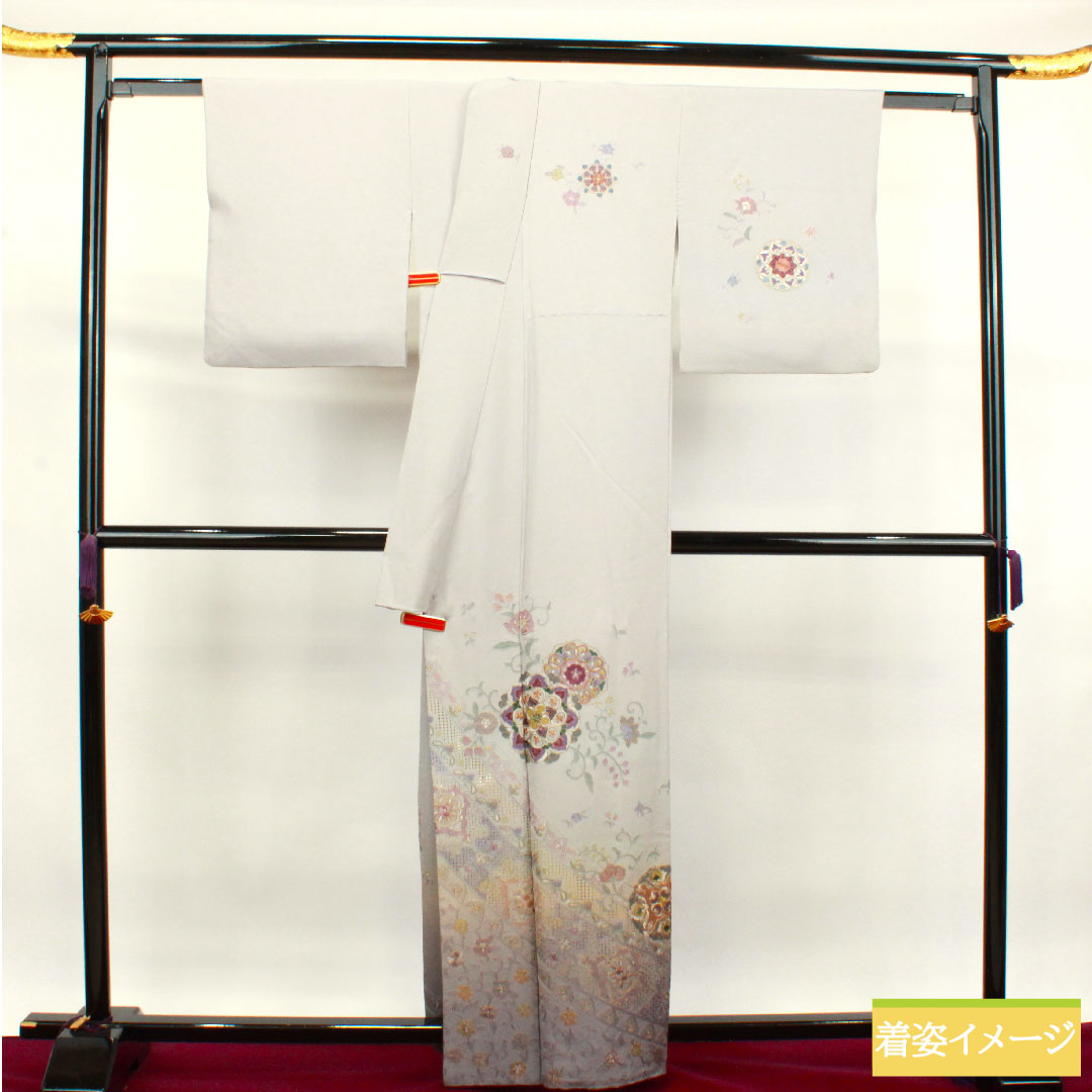 訪問着 正絹 袷 身丈161.5cm 裄丈65cm 銀灰色 蘇州刺繡 汕頭刺繡 作家物 Sランク グレー系 1112003342422