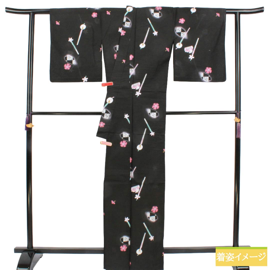 浴衣 木綿 Aランク 身丈166cm 裄丈66.5cm かんざし 櫛 単衣 黒系 1118007233510