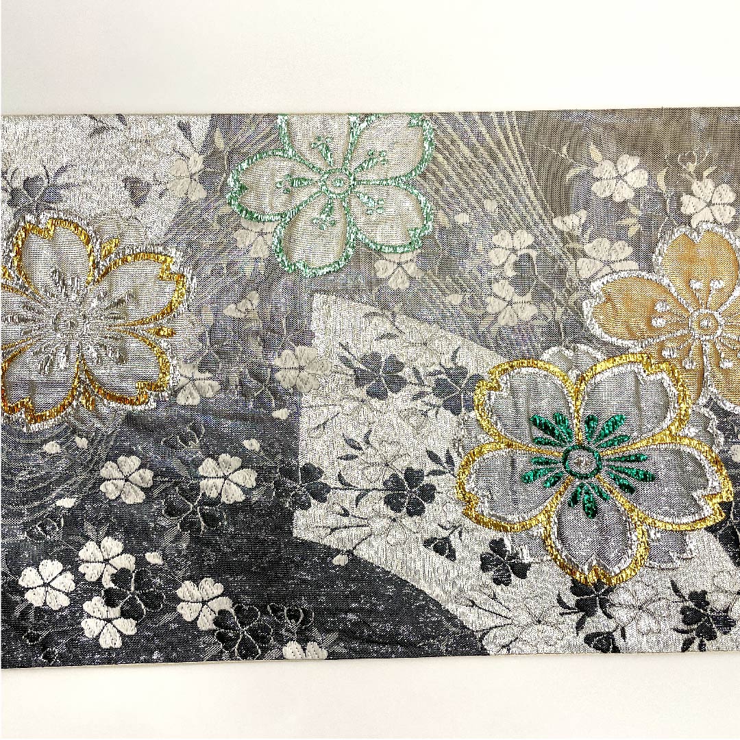 袋帯 シルバー色 桜 流水 振袖用 帯丈430cm 正絹 Sランク 六通 フォーマル 銀系 1123003032322