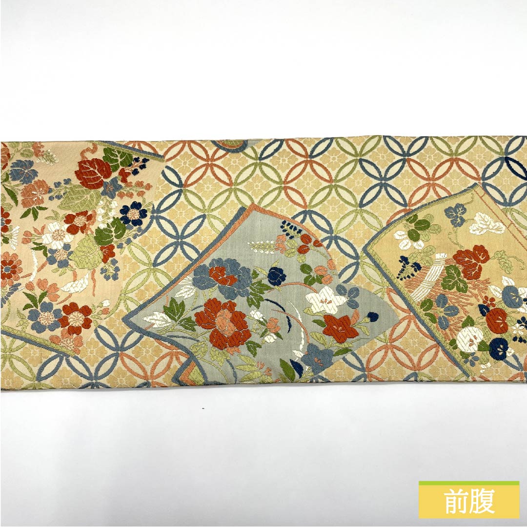 (丸帯)袋帯 正絹 生成り色(きなりいろ) 丸帯 和本 七宝 花模様 帯丈410cm Sランク 全通 フォーマル クリーム系 1123013932315