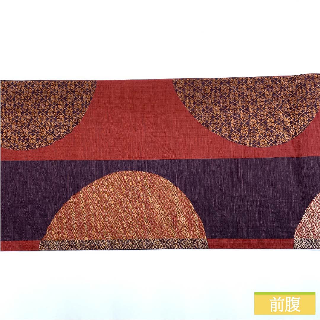 袋帯 正絹 生臙脂色(しょうえんじいろ) 紫烏色色(しうしょくいろ) 丸に七宝 丸に菊 帯丈436cm Sランク 六通 カジュアル 朱系 1123012502316