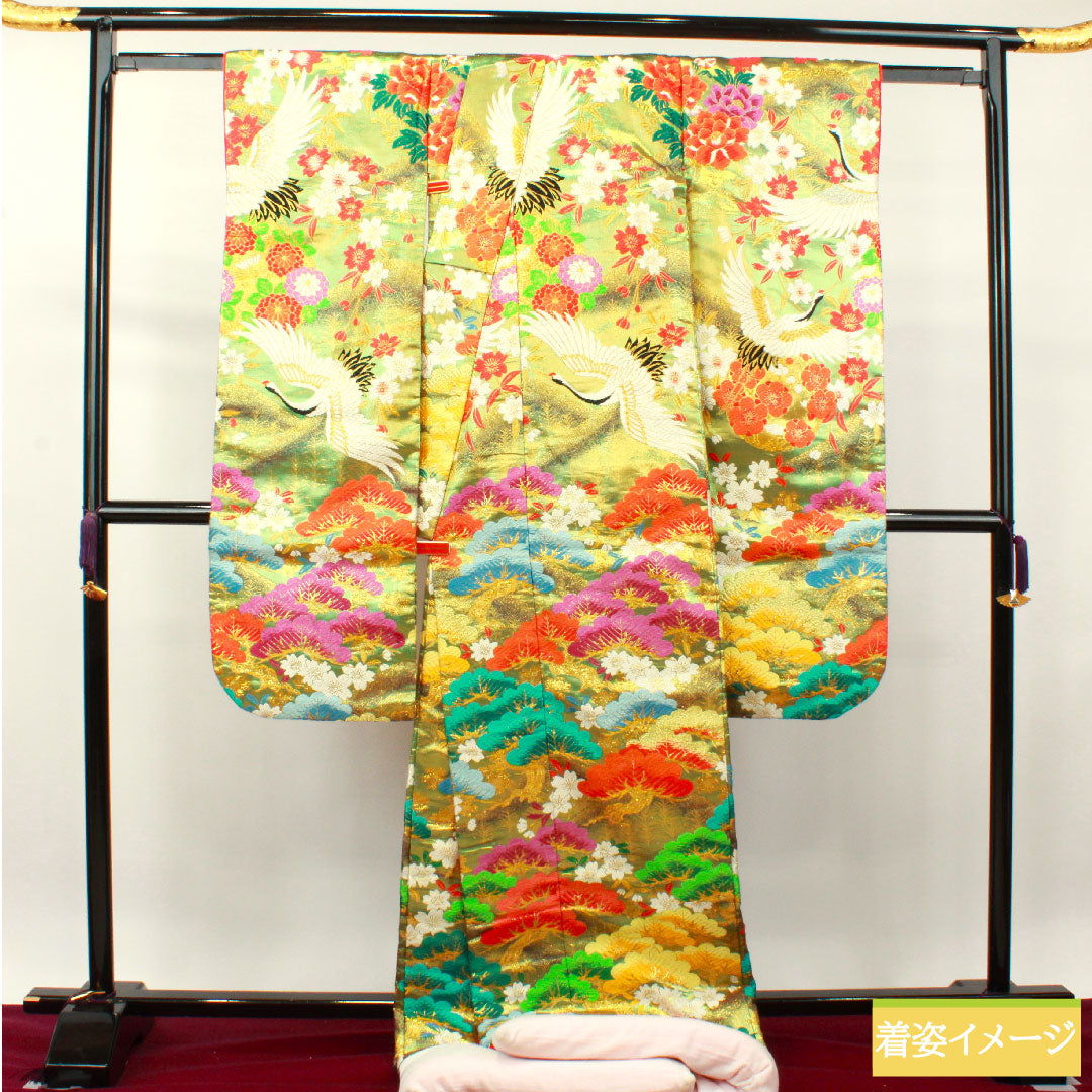 色打掛 正絹 身丈194cm 裄丈66cm 唐織 松 鶴 Sランク 袷 緑系 1110000702919