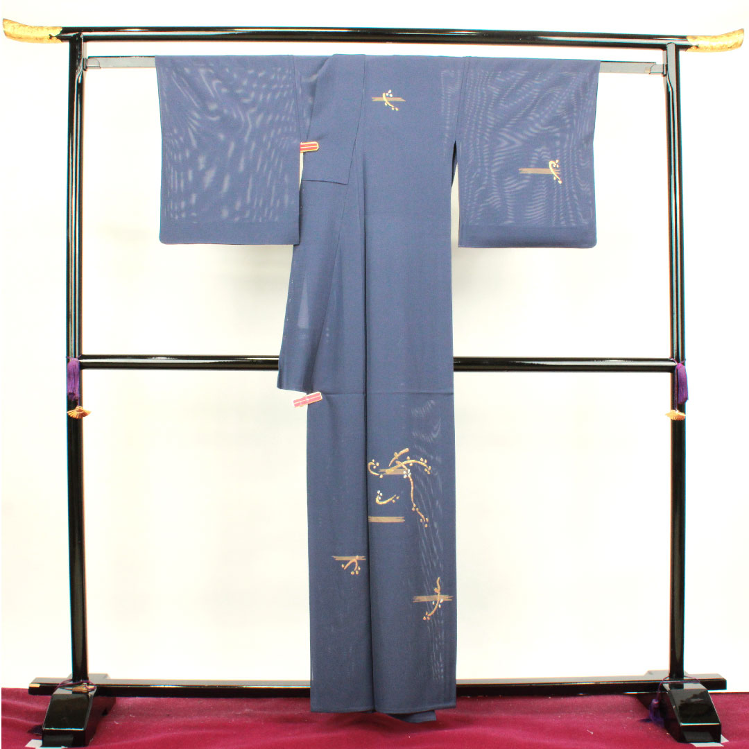 訪問着 夏物 身丈158cm 裄丈66cm 瞑色 絽 竹屋町刺繡 抽象模様 桔梗に三つ鱗 正絹 Sランク 紺系 1112002772318