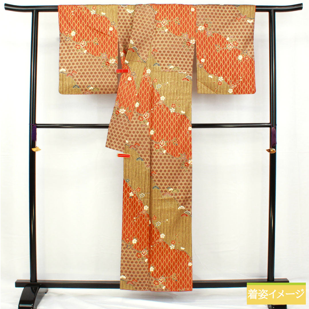 訪問着 正絹 袷 身丈157cm 裄丈63.5cm 京友禅 松竹梅 Sランク 茶系 1112005482314