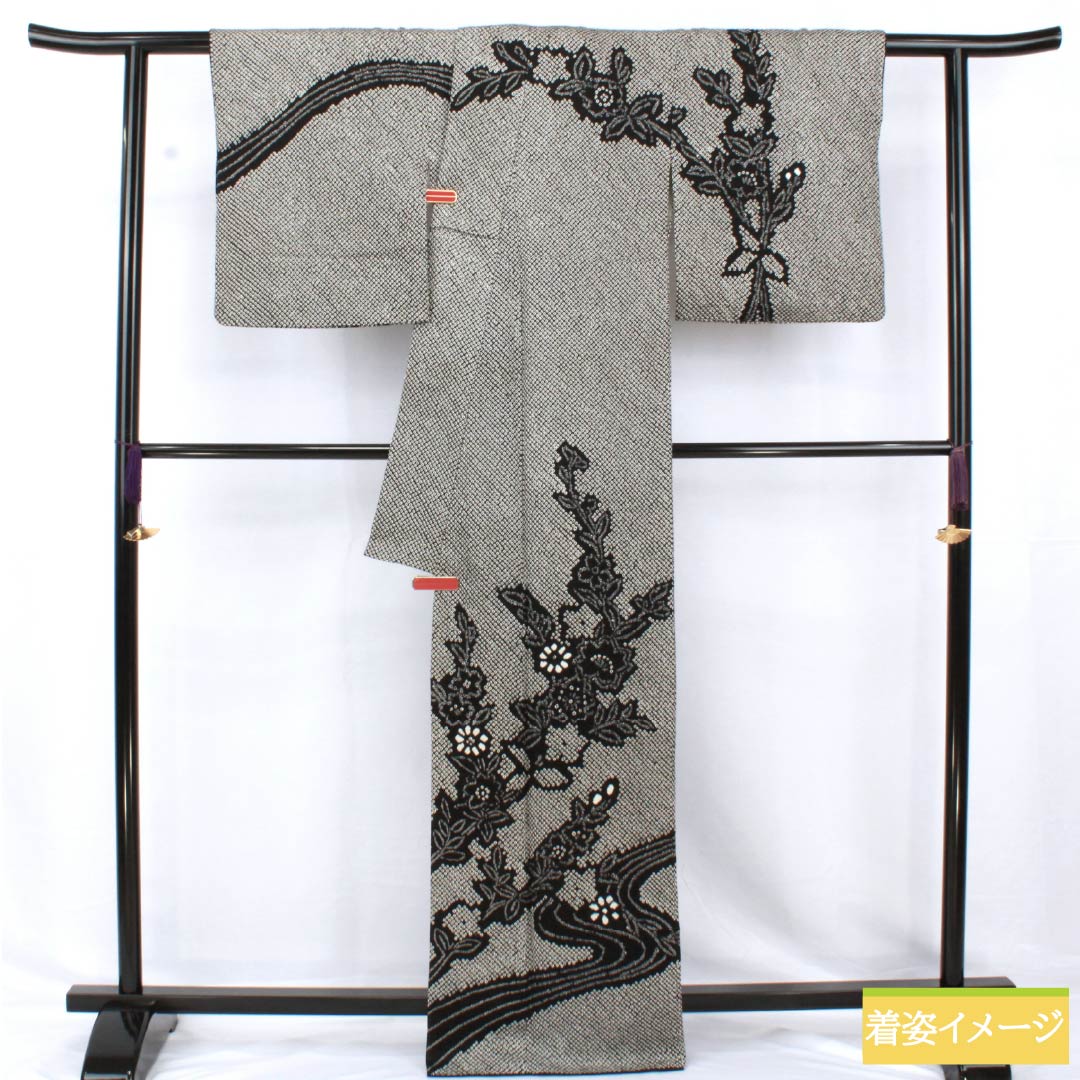Homongi, pure silk, lined, length 165cm, sleeve length 66cm, all-dyed, floral pattern, A rank, black, 1112006033510