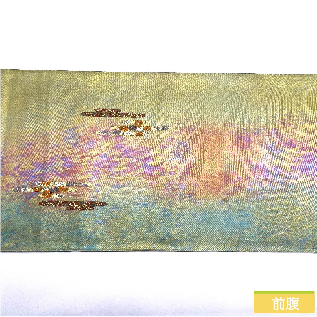 袋帯 玉虫色(たまむしいろ) 扇面 桜 蝶 帯丈438cm 正絹 Sランク ポイント柄 セミフォーマル グラデーション系 1123011082399