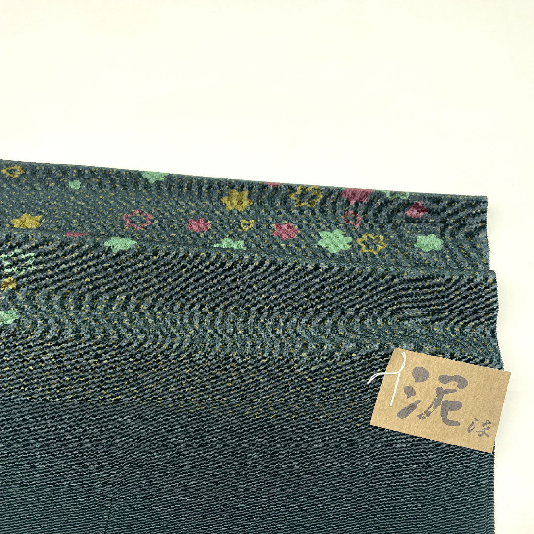 (新古品)帯揚げ 正絹 NEWランク カジュアル 鉄色(てついろ) 泥染め たたき染め 葉っぱ模様 長さ約180cm 幅約30cm 緑系 1136001721919