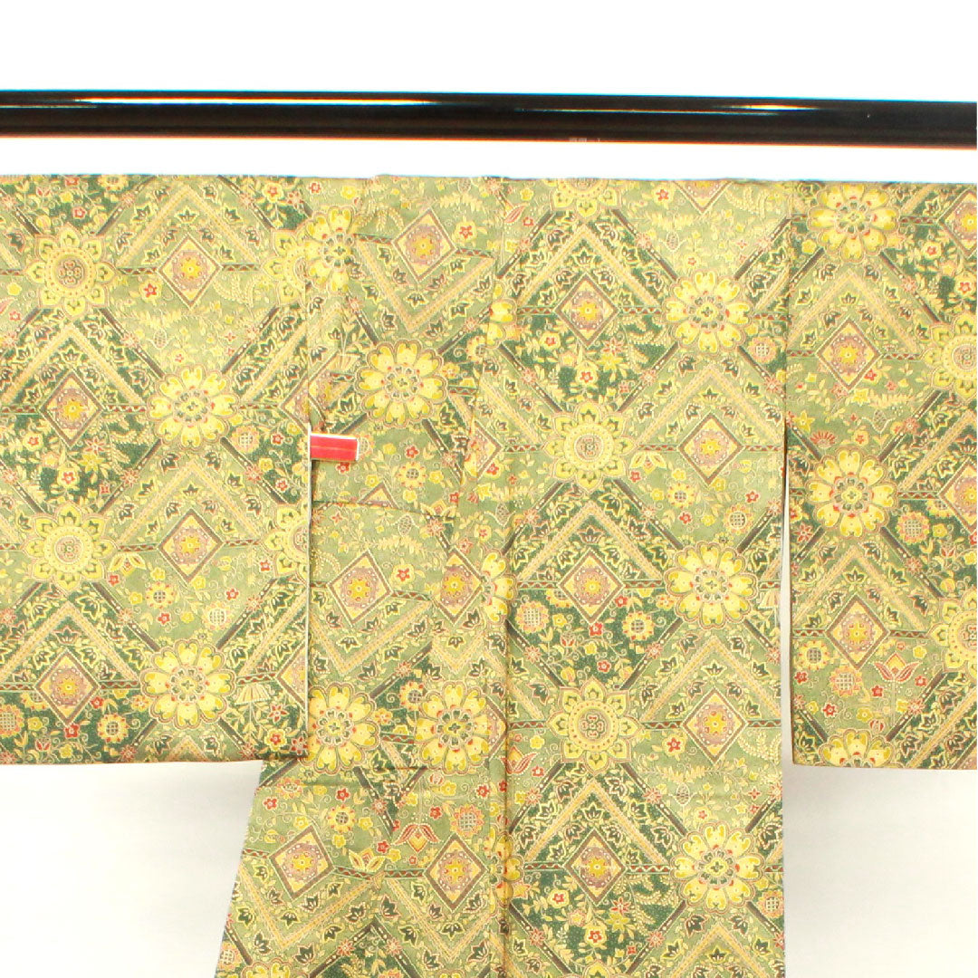小紋 身丈162cm 裄丈65.5cm 袷 黒木賊色 更紗模様 正絹 Aランク 緑系 1115002703419
