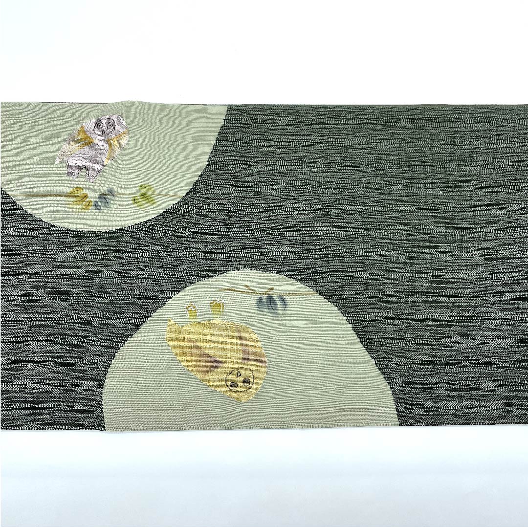 Fukuro Obi (blackish green obi) with an owl, obi length 460cm, pure silk, S rank, point pattern, casual, green, 1123008932419