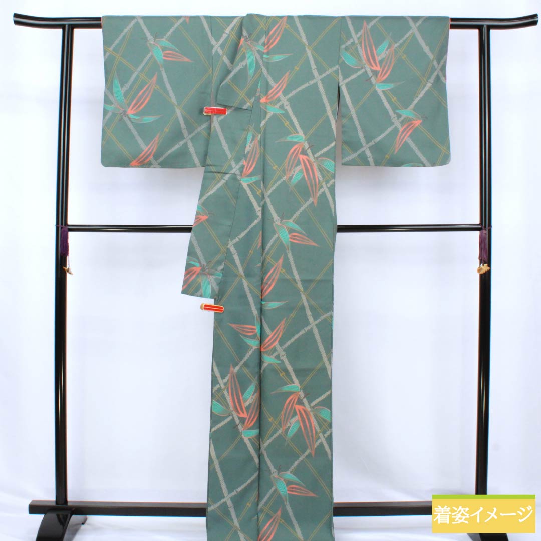 小紋 ポリエステル Aランク 身丈166.5cm 裄丈66cm 袷 湊煤竹色(みなとすすたけいろ) 竹 洗える着物 緑系 1115007453519