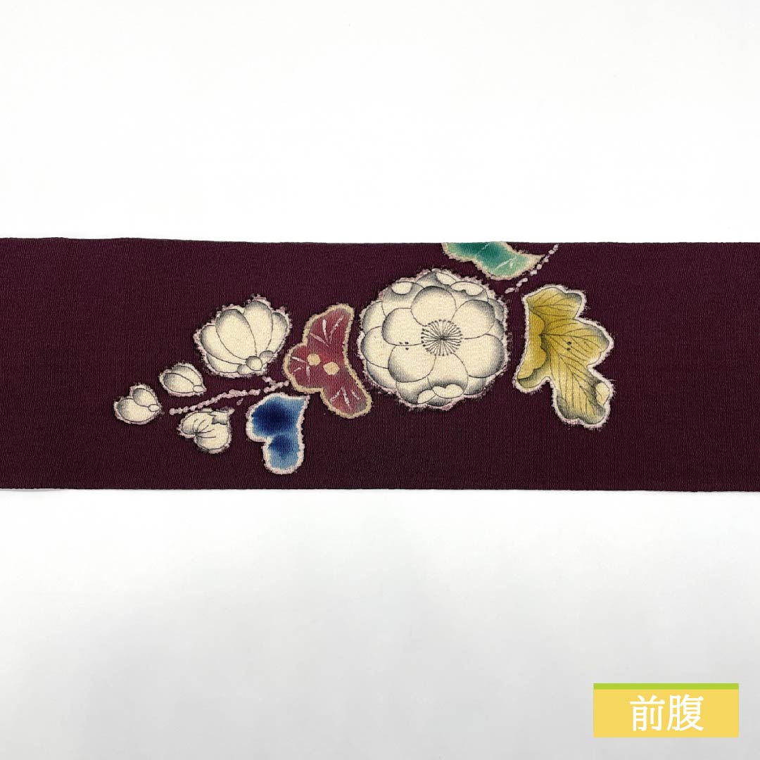 名古屋帯 蒲萄色(えびいろ) ちりめん地 辻ヶ花 帯丈371cm 正絹 Sランク ポイント柄 セミフォーマル 紫系 1124008082320 名古屋仕立て