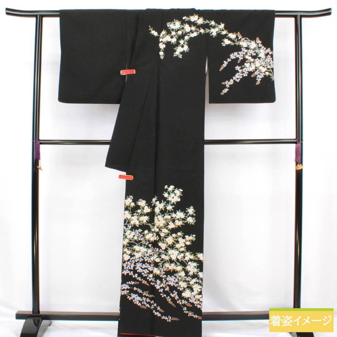 訪問着 ポリエステル Aランク 袷 身丈165.5cm 裄丈66cm 草木 洗える着物 黒系 1112006483510