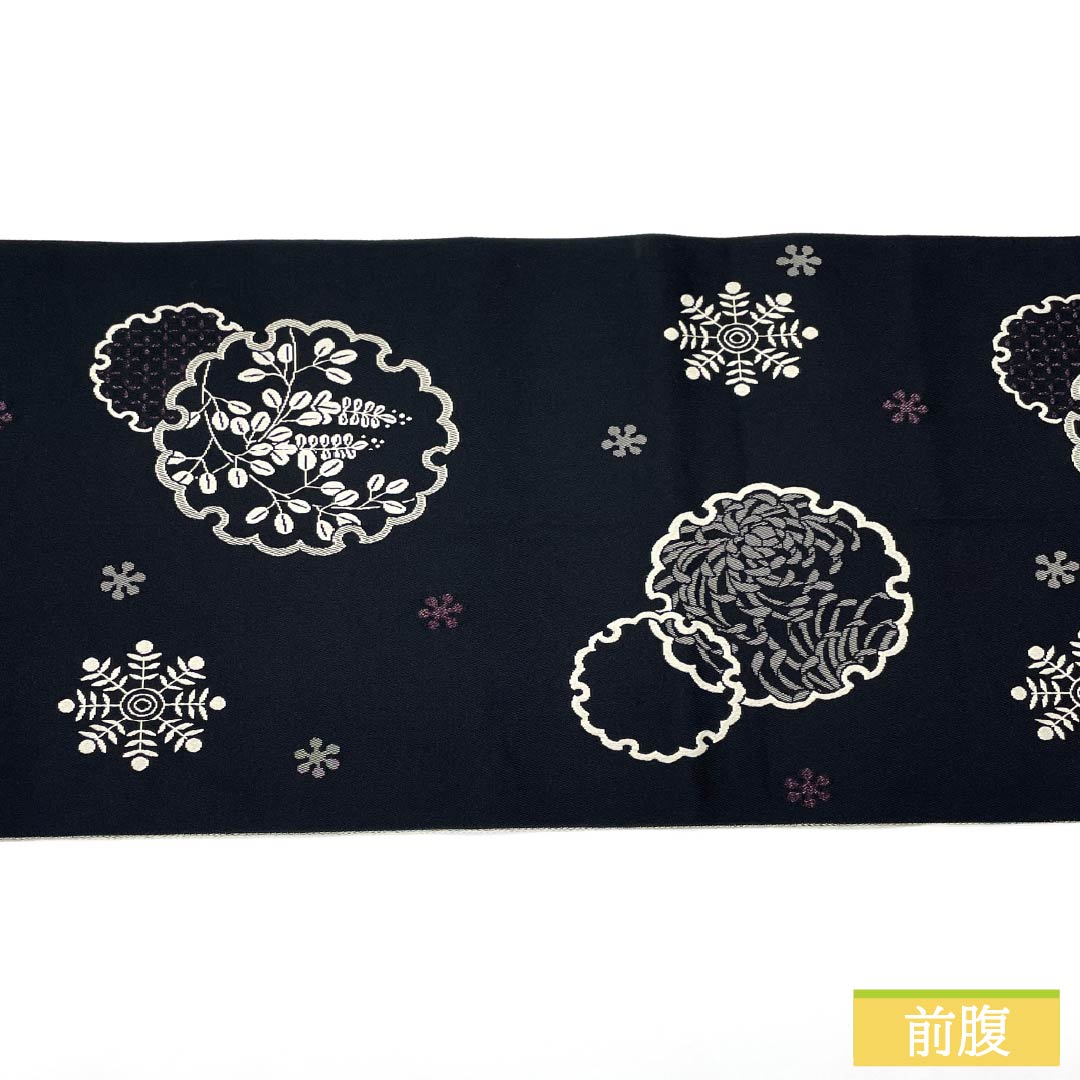 Nagoya Obi, Polyester, S-Rank, Snow Ring, Snow Crystal, and Ranchrysanthemum Designs, Length 369cm, Full Length, Casual, Black, 1124010862310, Pine Needle Stitching
