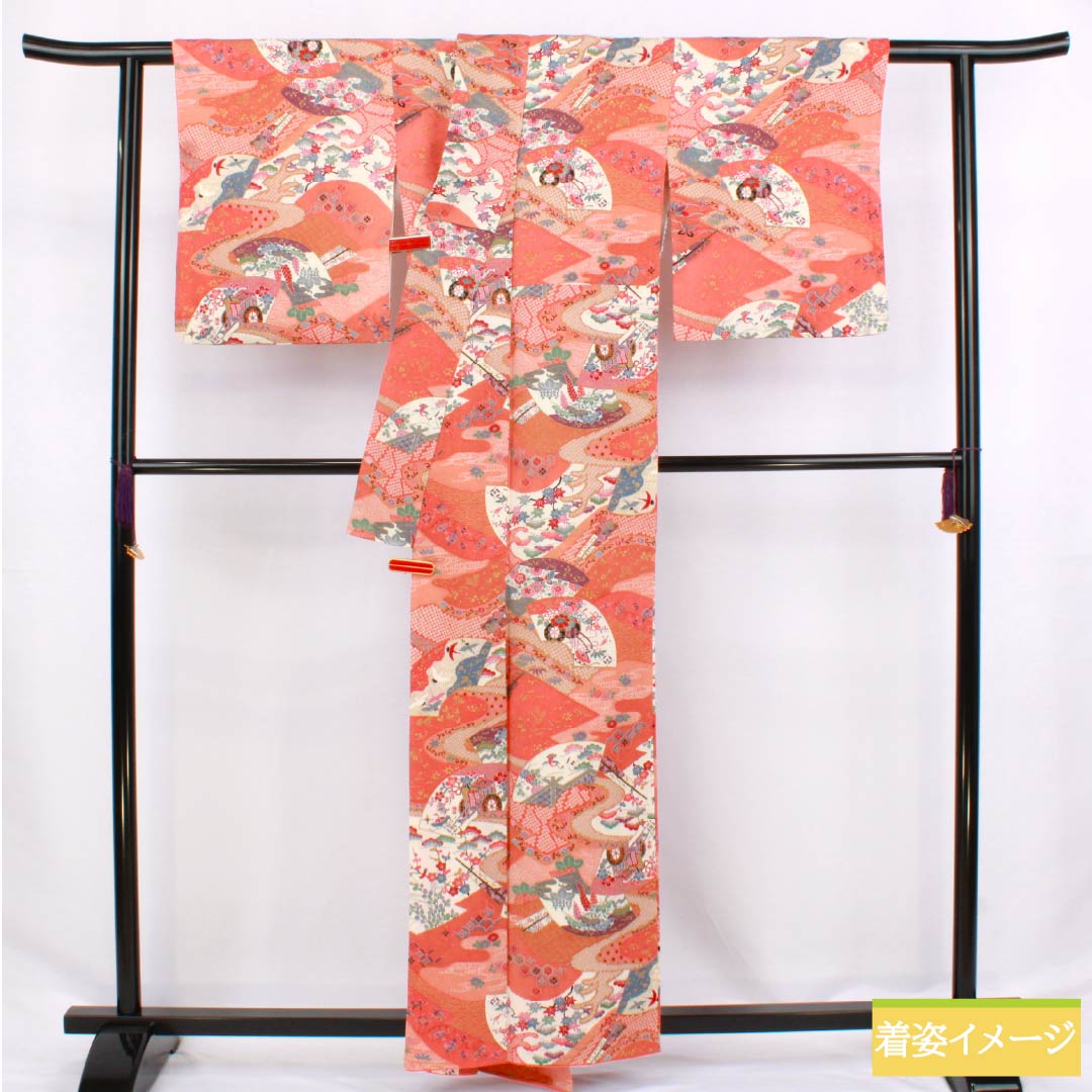 Komon silk kimono, S rank, length 159cm, sleeve length 66.5cm, lined, medium crimson (nakabeniiro) and scarlet (hiiro) with a fan-shaped classic pattern, red tones, product number 1115006672312