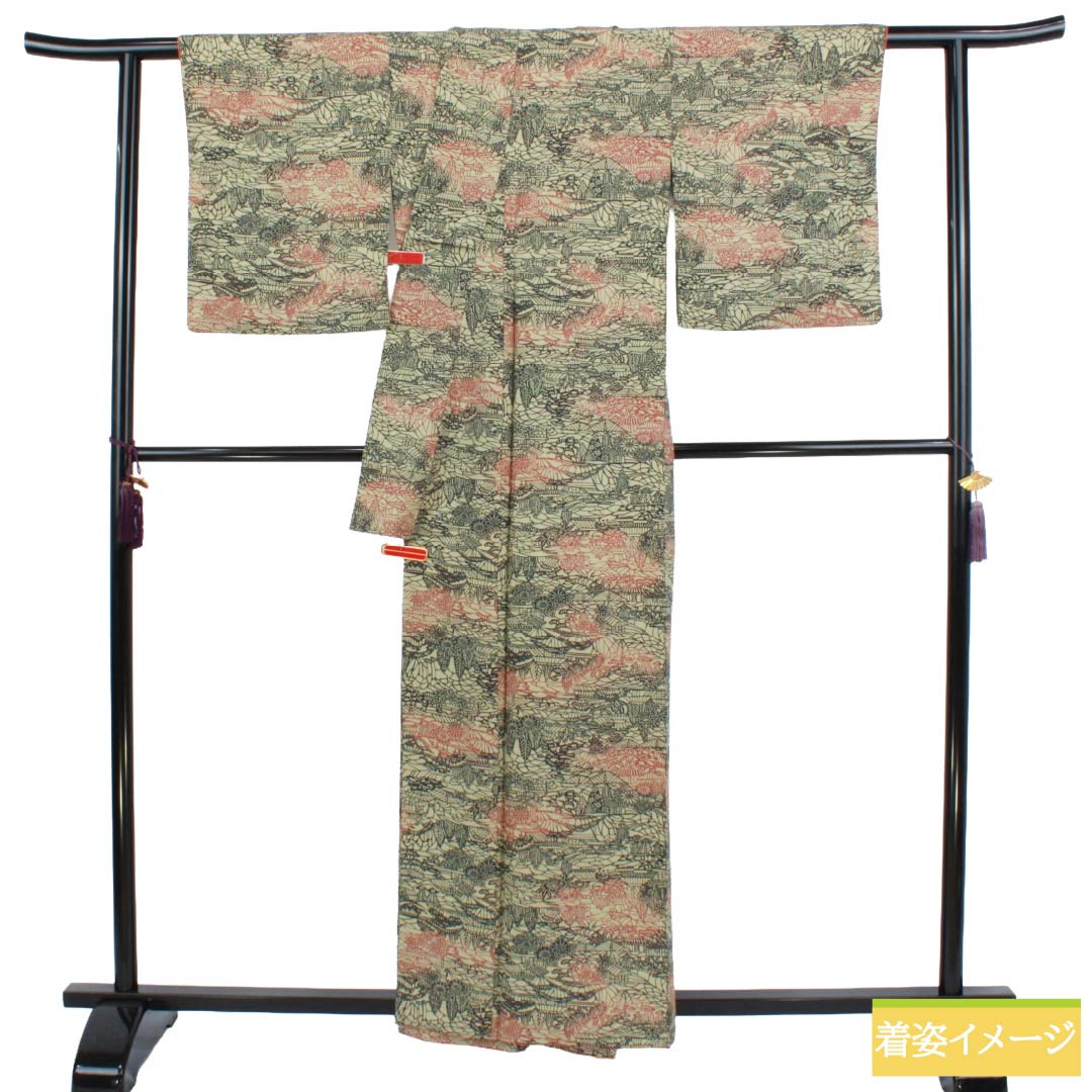 小紋 正絹 Sランク 身丈159.5cm 裄丈67cm 袷 蠟色(ろういろ) 型染 風景画 ベージュ系 1115008312325