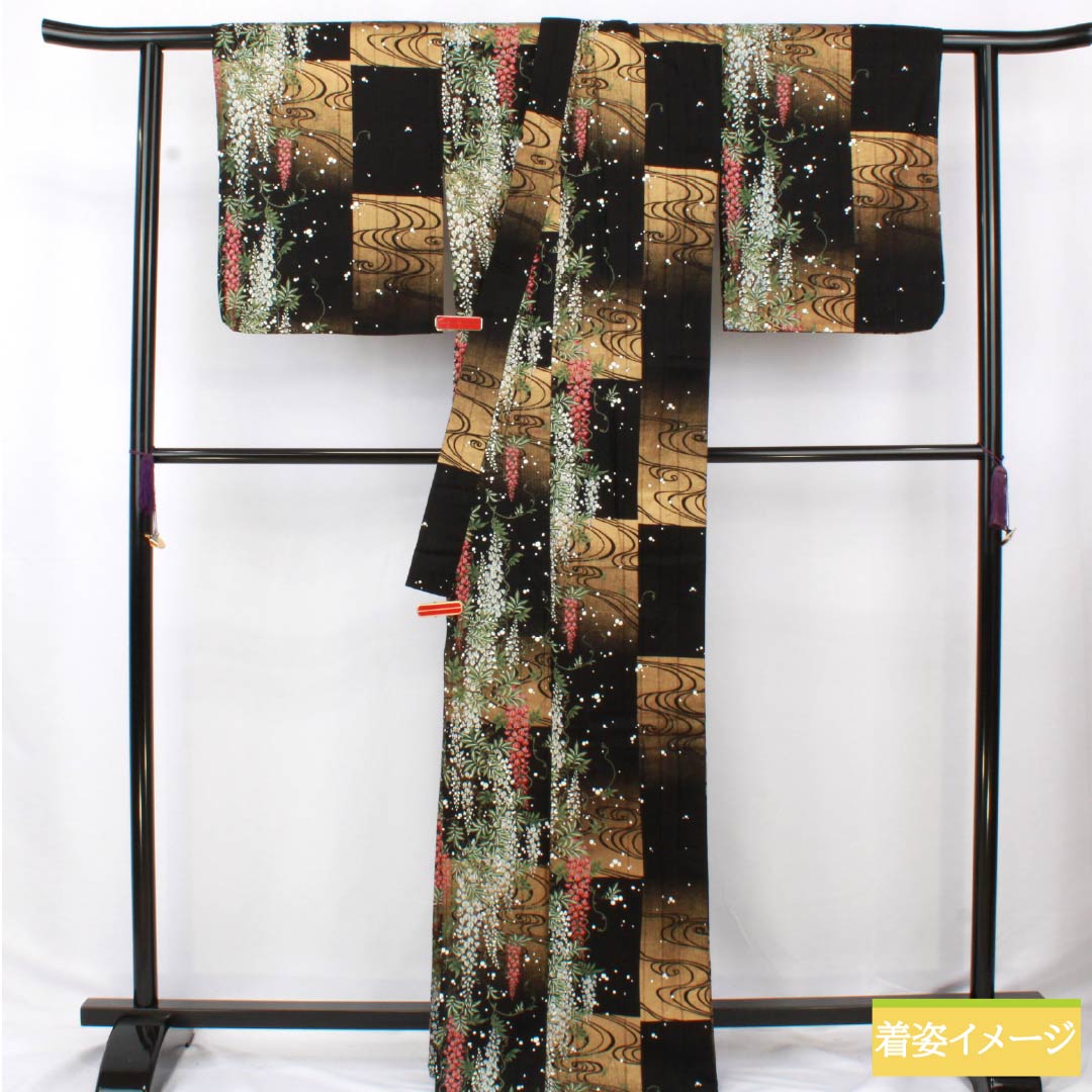浴衣 木綿 身丈165.5cm 裄丈67cm Sランク 単衣 黒系 変わり竪絽 藤 流水 市松 1118006532510
