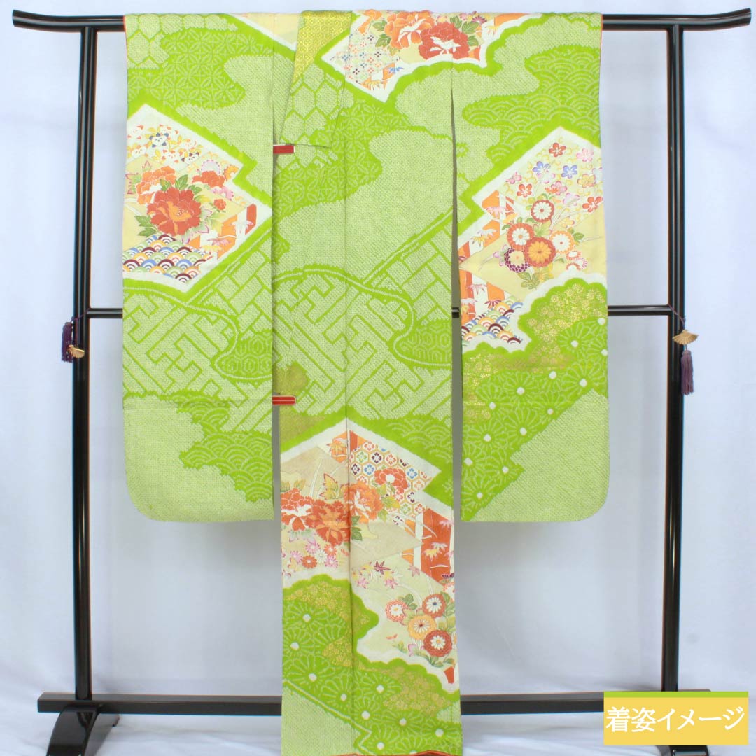 振袖 正絹 Aランク 身丈167.5cm 裄丈64.5cm 袷 萌黄色(もえぎいろ) 京友禅 絞り 古典柄 緑系 1113002813519
