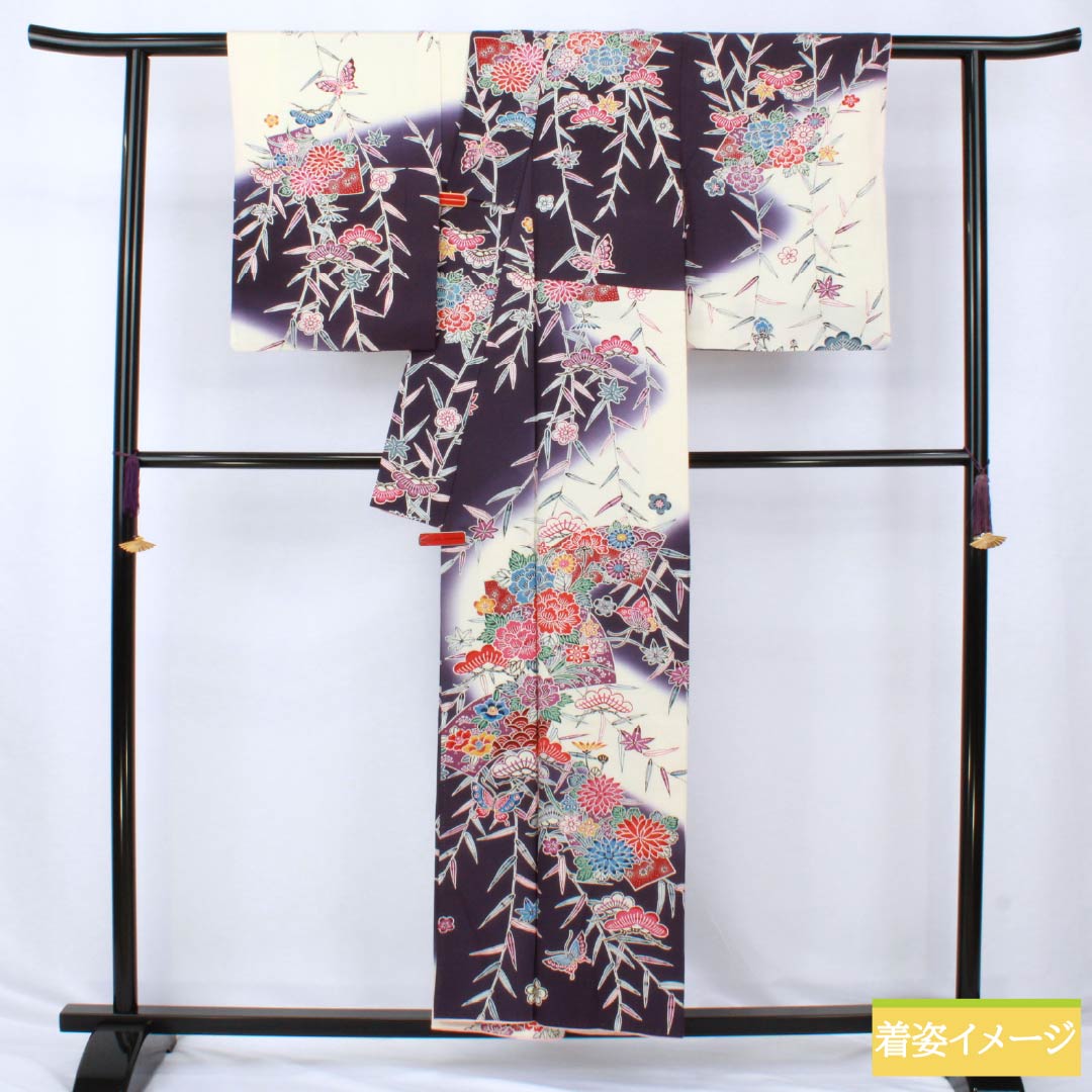 訪問着 正絹 Aランク 袷 身丈155.5cm 裄丈62cm 深紫色(ふかきむらさきいろ) 京紅型 松竹梅 蝶 扇面 菊 紫系 1112006403320